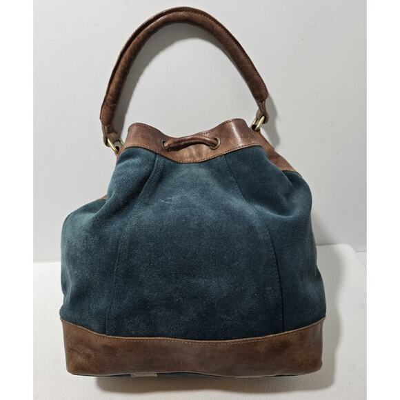 Anabaglish Suede/Leather Drawstring Hobo Shoulder Bag Purse Teal with Brown Trim - Picture 3 of 15